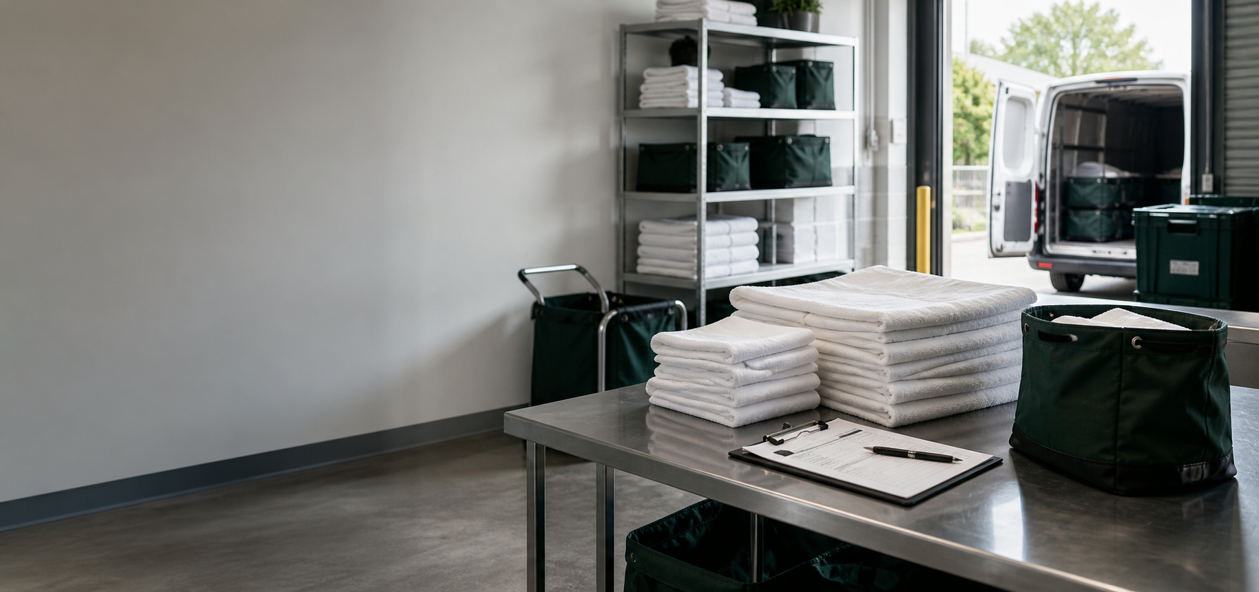 Commercial laundry staging table with folded towels and delivery bags