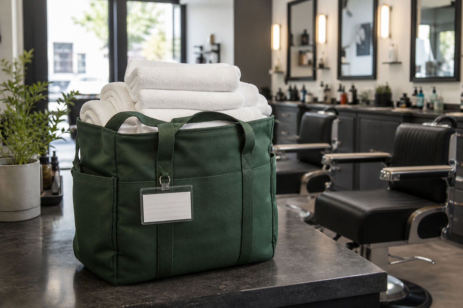 Fresh towels packed in a service bag inside a barbershop