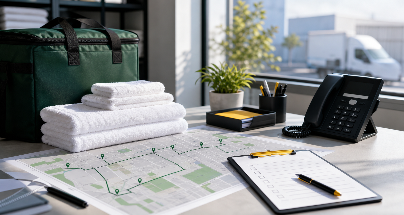Route planning desk with folded towels, phone and pickup checklist