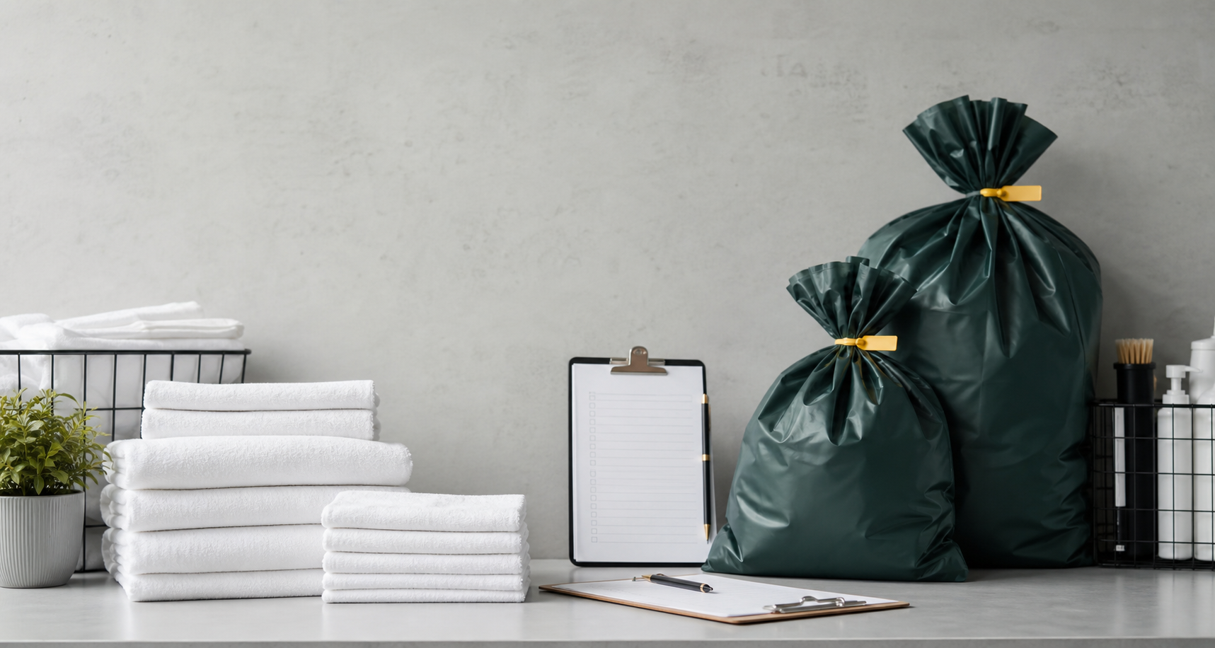 Folded towels, service bags and checklist for commercial towel service